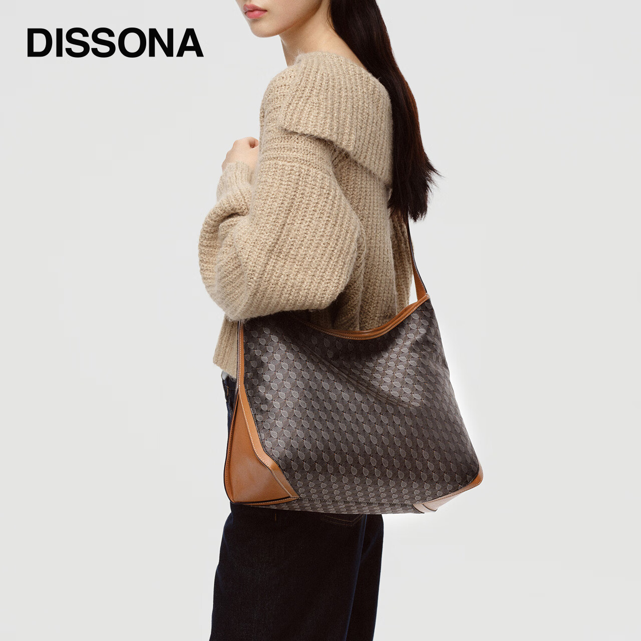 DISSONA Lucky Coin Purse Handbag, Hobo Style, Monogram Bag, Shoulder Bag for Commuting, Underarm Bag, Brown - Large Size
