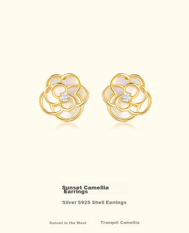 CHOW TAI SENG [Birthday Gift] Camellia Mother-Of Stud Earrings for Women, Elegant Niche Design Silver Earrings for Girlfriend 2