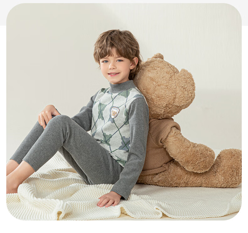 YING BO LUN Children's Thermal Underwear Set Pure Cotton Sweater and Pants School Uniform Essential 81105 Heather Gray Stripes Size 160 16