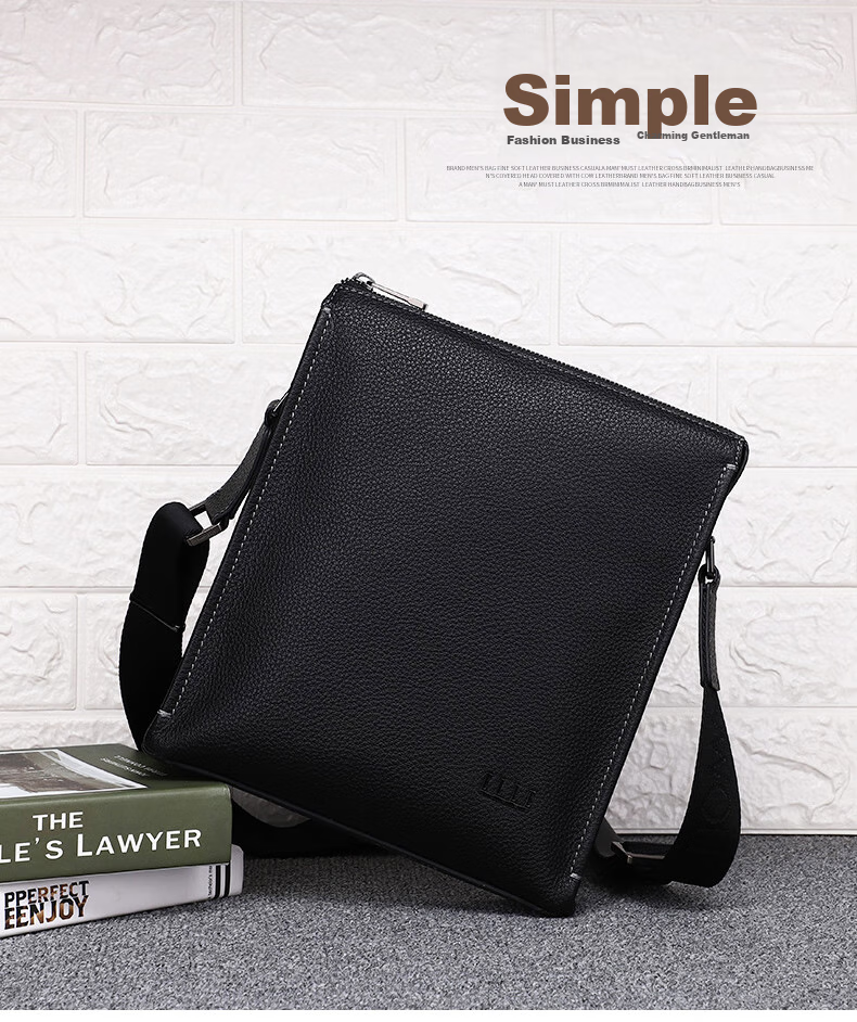 ELLE HOMME Men's Business Shoulder Bag, Fashionable Top-Grain Leather Crossbody Bag with Large Capacity, Lychee Pattern Men's Bag EA088204740 Black Birthday Gift for Boyfriend 1