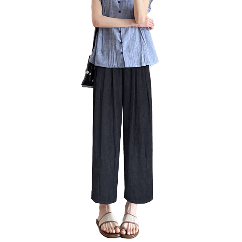 LangSha Lazy Summer Refreshing Cool Milk Puff Pants for Women, High-Waisted Thin Casual Versatile Wide-Leg Cropped Pants for Petite Figures