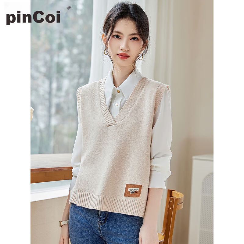 PinCai Knitted Vest for Women, V-Neck Sweater, Sleeveless Cardigan, Loose-Fitting Top P137Z5837