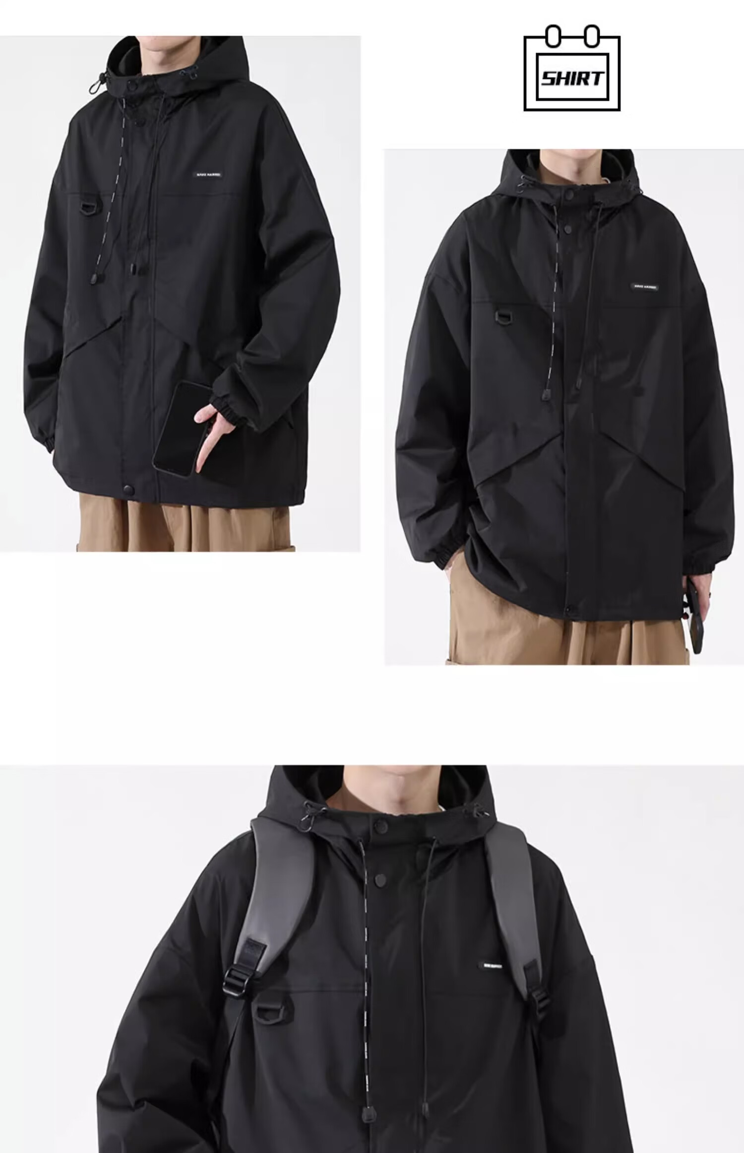 Dingfengbaoluo Men's Jacket, Spring Hooded Casual Workwear, Trendy Mountain-Style Outerwear for Young Men, JK021 Black, Size M 9