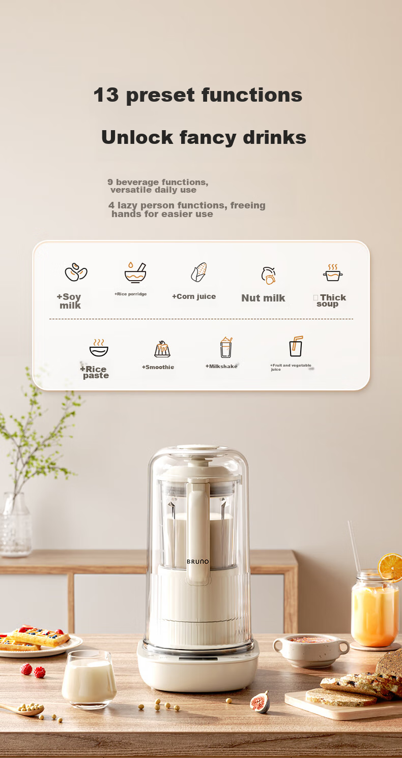 BRUNO Blender with Titanium Coating, 1.2L Small Capacity for Home Use, Fully Automatic Juicing, Quiet Operation, Baby Food And Soy Milk Maker, Ivory White, Bean Container Included 12