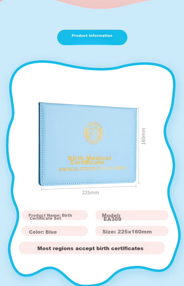 COMIX Medical Baby Birth Certificate Protective Cover, Standard Size 225*160mm, Universal for All Regions, Blue EA309 2