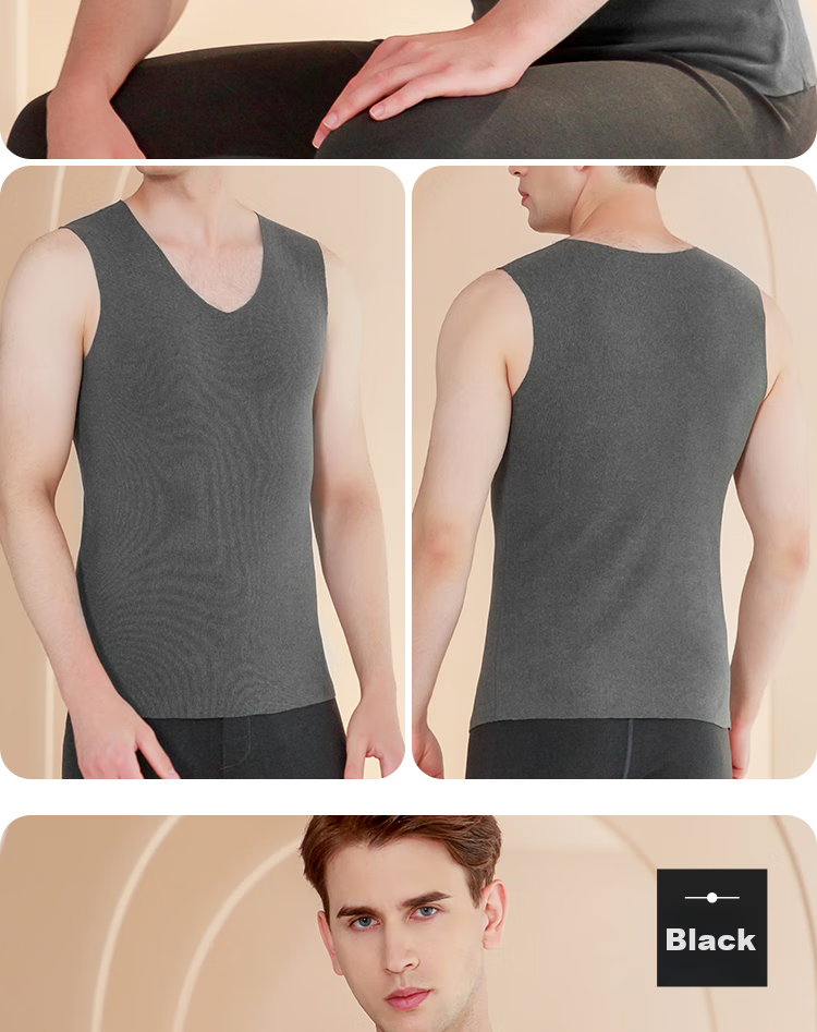 LangSha Men's Thermal Vest, Slim Fit Autumn Undershirt, Seamless Undershirt, Thin Warm Top, Wide Shoulder Sleeveless Vest, Black 14