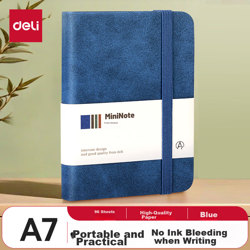 Deli A7/96 Sheets Portable Notebook, Leather Cover, Creative Pocket-Sized Journal, Mini Memo Pad, Vocabulary Notebook, Planner, Blue BP119