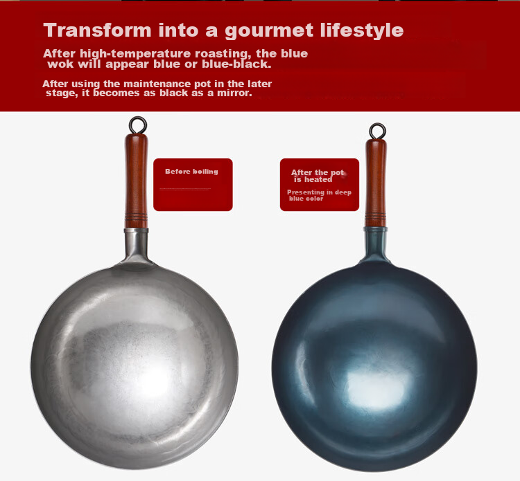 Jitiechui Zhangqiu Hand-Forged Iron Wok, Stir-Fry Pan, Non-Coated Physical Non-Stick Pan for Gas Stove, 34cm without Ear Handle with Lid 8