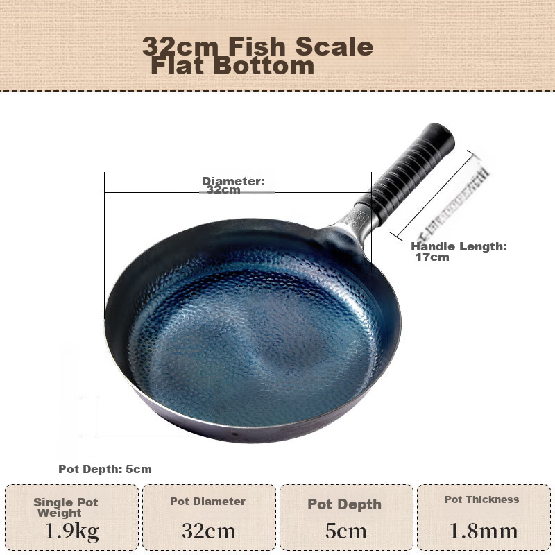 Gesidun Flat Bottom Wok, Zhangqiu Handmade Stir-Fry Pan, Iron Wok without Coating, Frying Pan for Home Use, Fish Scale Pattern, 32cm