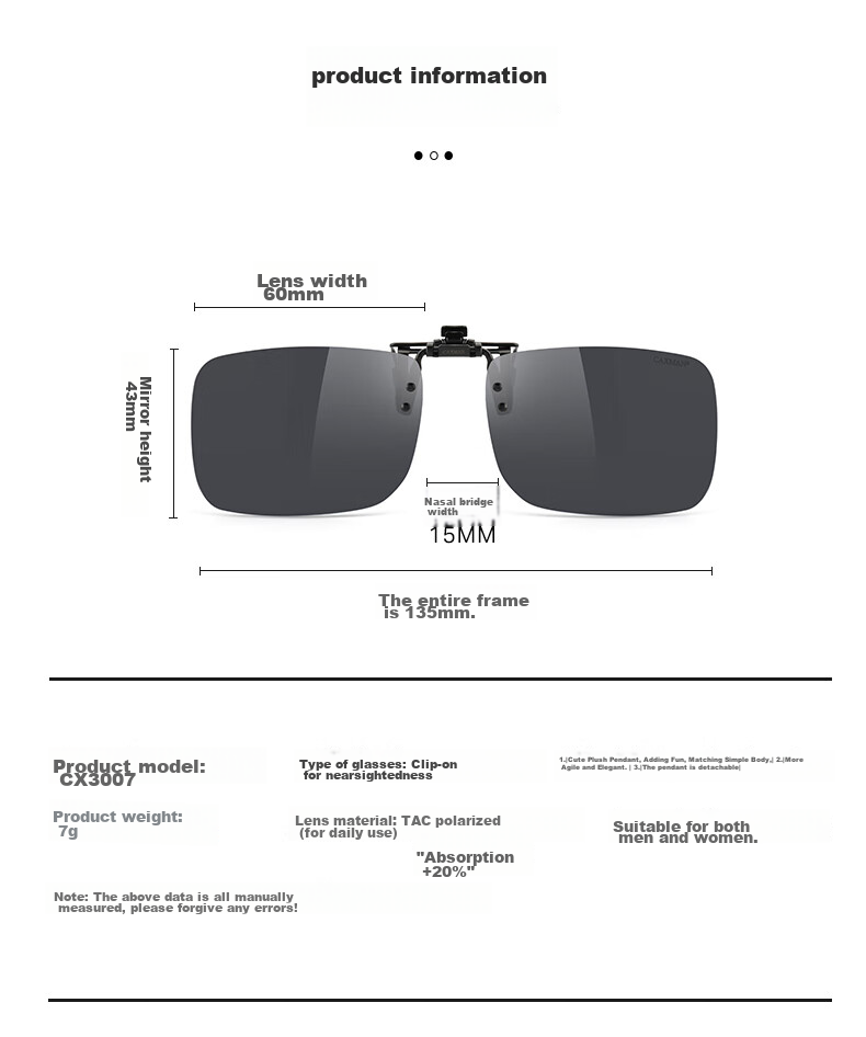 Carsman Clip-On Polarized Myopia Sunglasses Anti-Glare Night Vision Driving Glasses Unisex Day and Night Use Set 6