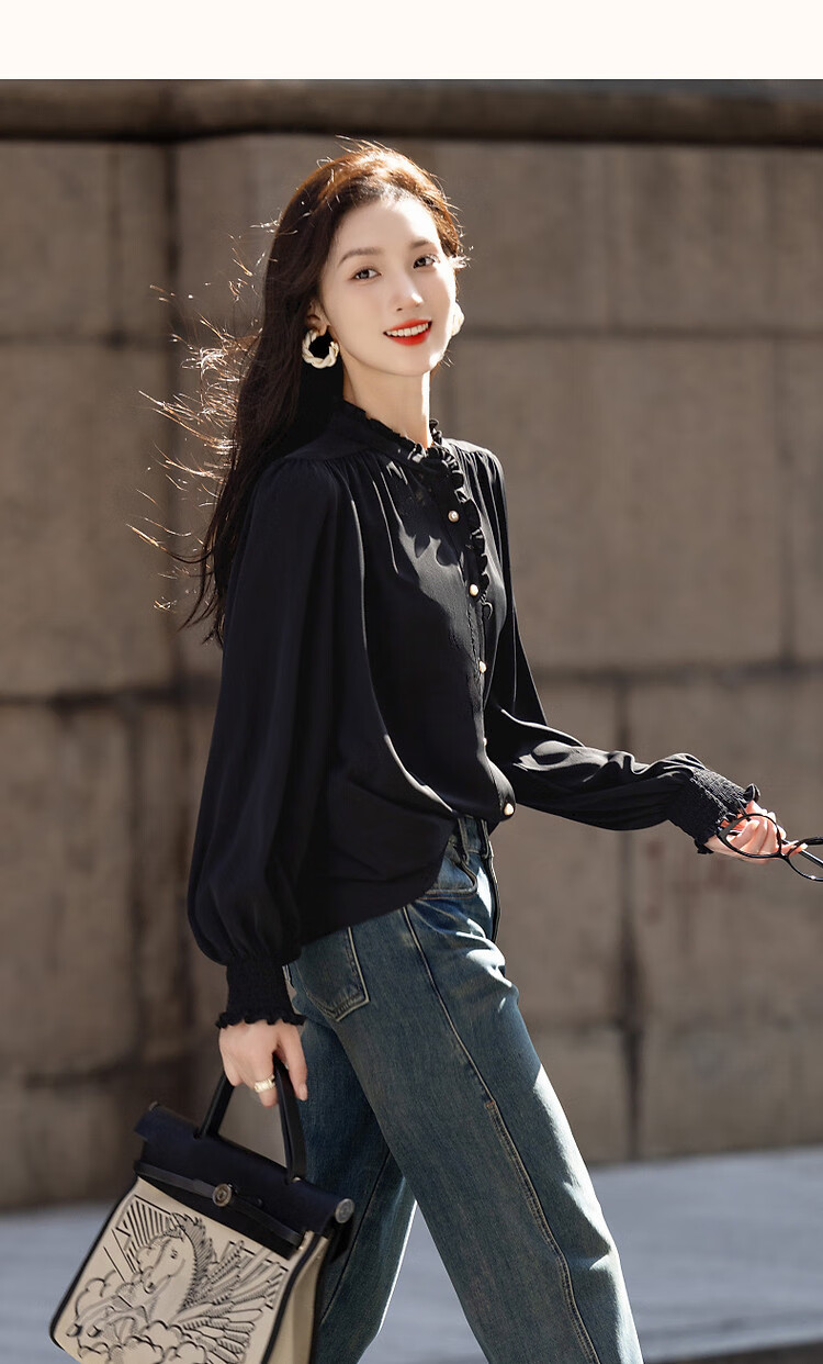 Dme [Ruched Shiny Blouse] Spring And Autumn French Style Women's Elegant Ruffle Stand Collar Pleated Blouse Women's Top 30