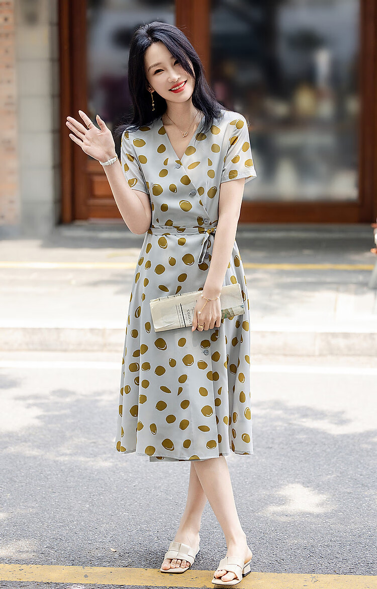 Dme [Waisted Tea-Length Dress], Summer V-Neck, Composite Silk Jacquard Yao Crepe Print, Flared Skirt, Button Decoration Dress 14