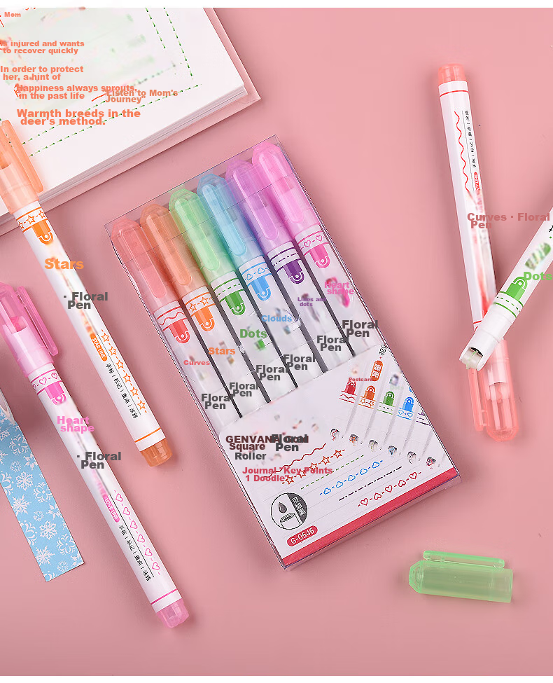 Genvana 6-Color Floral Pattern Outline Pen, Curved Pen, Highlighter, Embossing Pen, Marker Pen for Students, Decorative Edging for Handwritten Reports, Colored Journal Decoration Pen G-0546 11