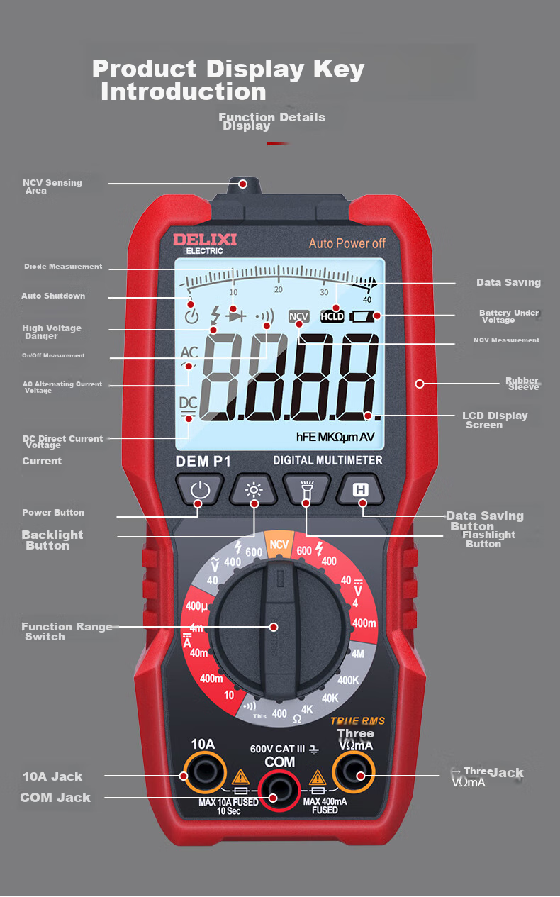 DELIXI ELECTRIC Multimeter 890C High Precision Household Anti-Burn Electrician Meter NCV Voltage Detector P3 Smart Multimeter P3 15