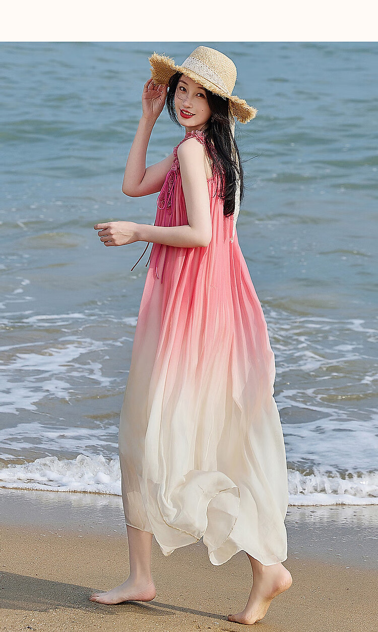 Dme [Dingdai'er Fashion] Summer Flowy Pink Gradient Chiffon Spaghetti Strap Beach Dress, 3D Floral A-Line Dress 16