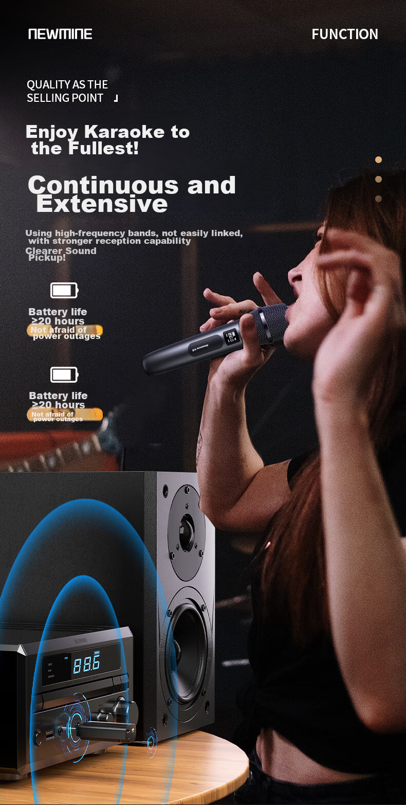 Newmine MC107 Wireless Microphone, Home KTV Singing, Hosting, Lecturing, Karaoke, Conference Speaker, Amplifier, FM Tunable, Universal Microphone, Single Mic 12