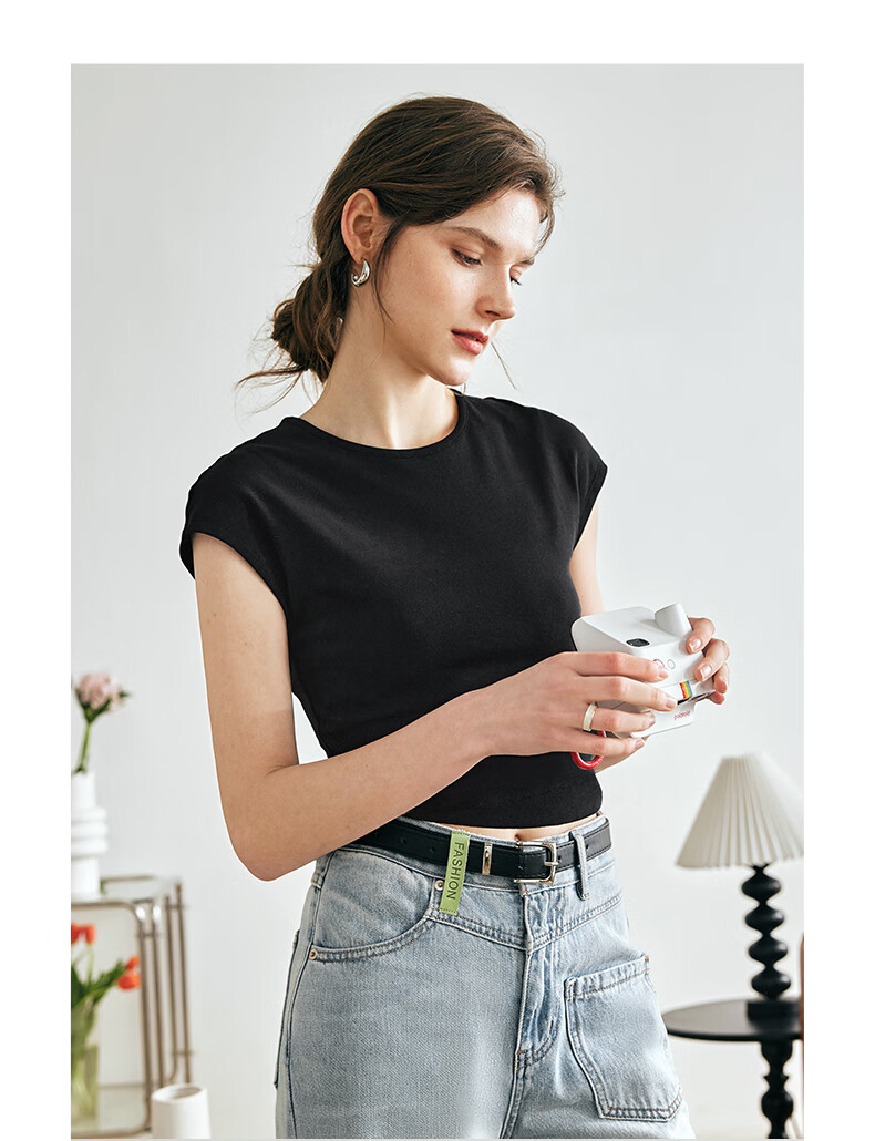 Olrain Cool Small Cap Sleeve Slim Fit Short Sleeve T-Shirt Summer Women's Short Top High Elastic Inner Wear Black S 16