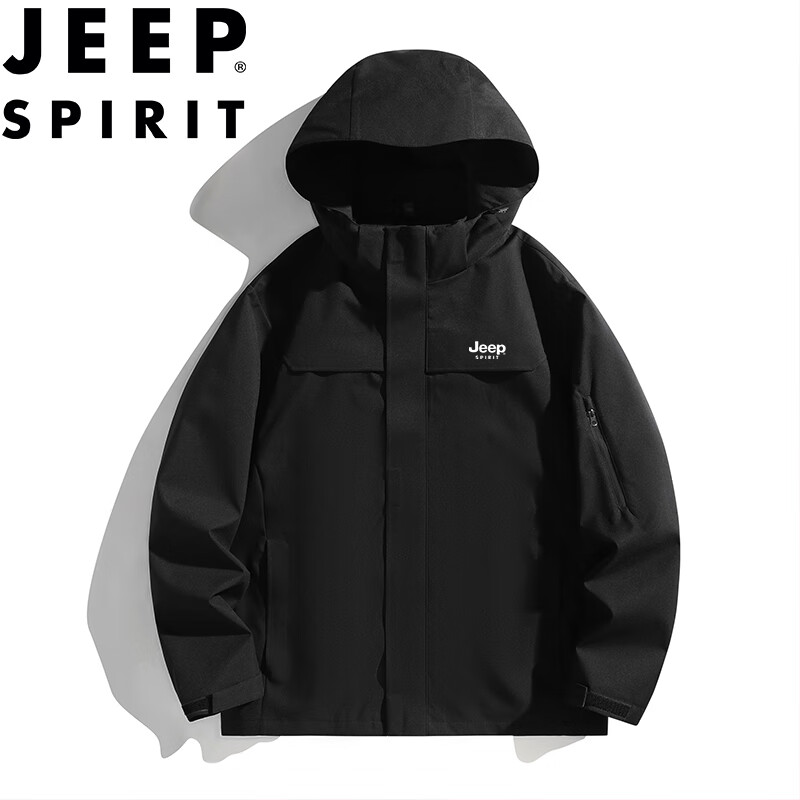 JEEP SPIRIT Men's Windproof Outdoor Jacket, Versatile Mountaineering Coat for Spring And Autumn, Black, Size L