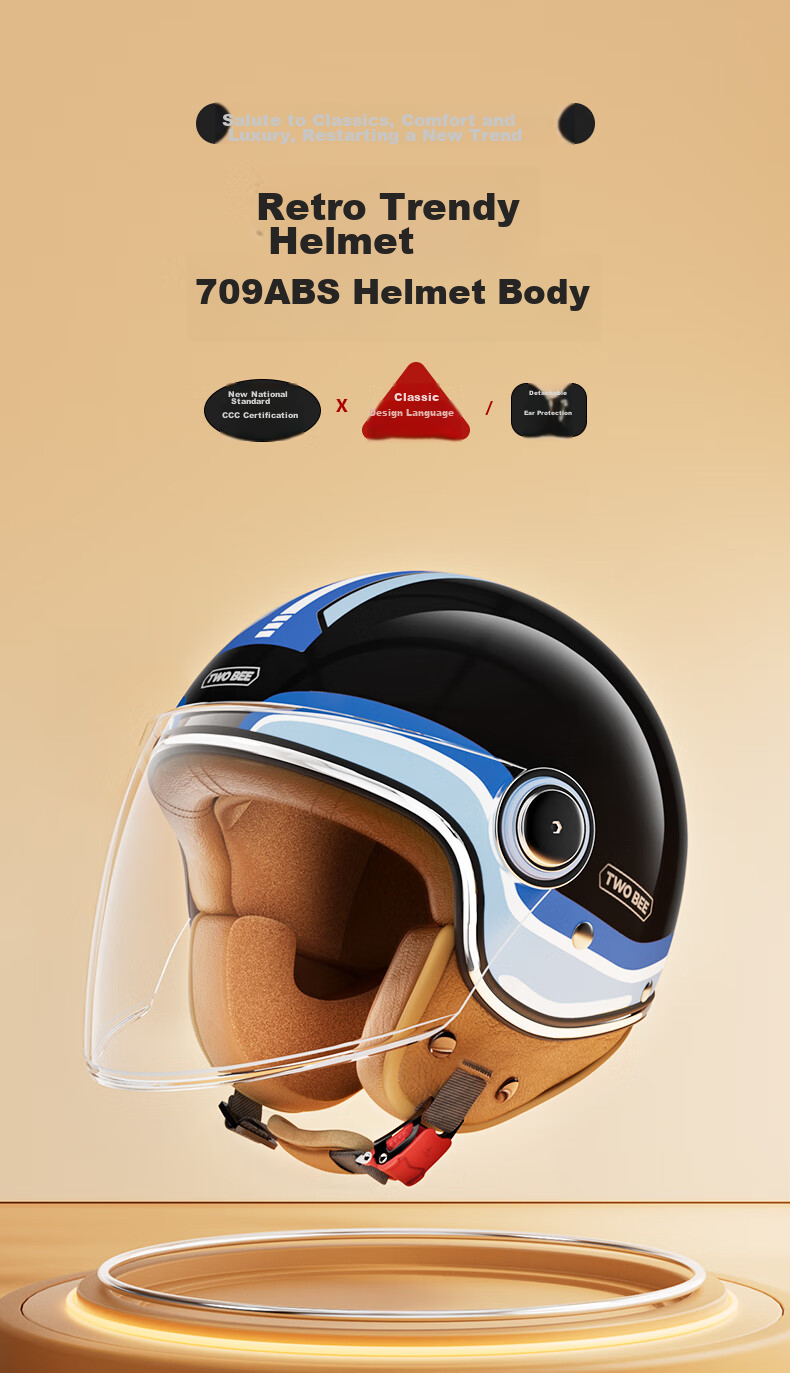 TWOBEE New National Standard 3C Certified Men's And Women's Autumn And Winter High-Definition Transparent Lens Electric Motorcycle Safety Helmet 3/4 Face Shield TK06 Glossy Black with Blue Stripes 1
