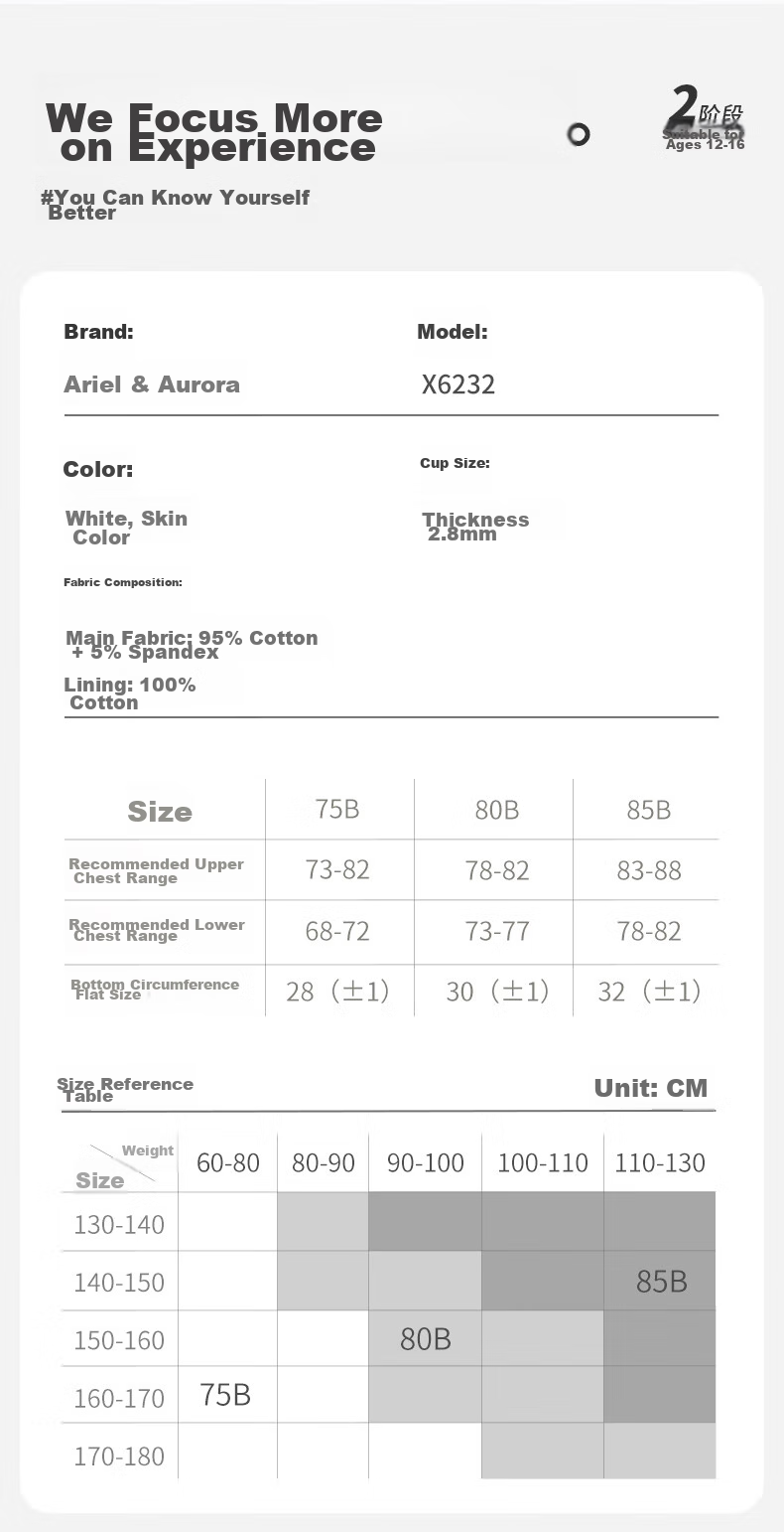 Ailier &ouluola Girls' Underwear, Bra for Ages 15-18, High School Pure Cotton, Puberty, Middle School Teenagers, Adolescent Girls, Student Bras, Size 75B 10