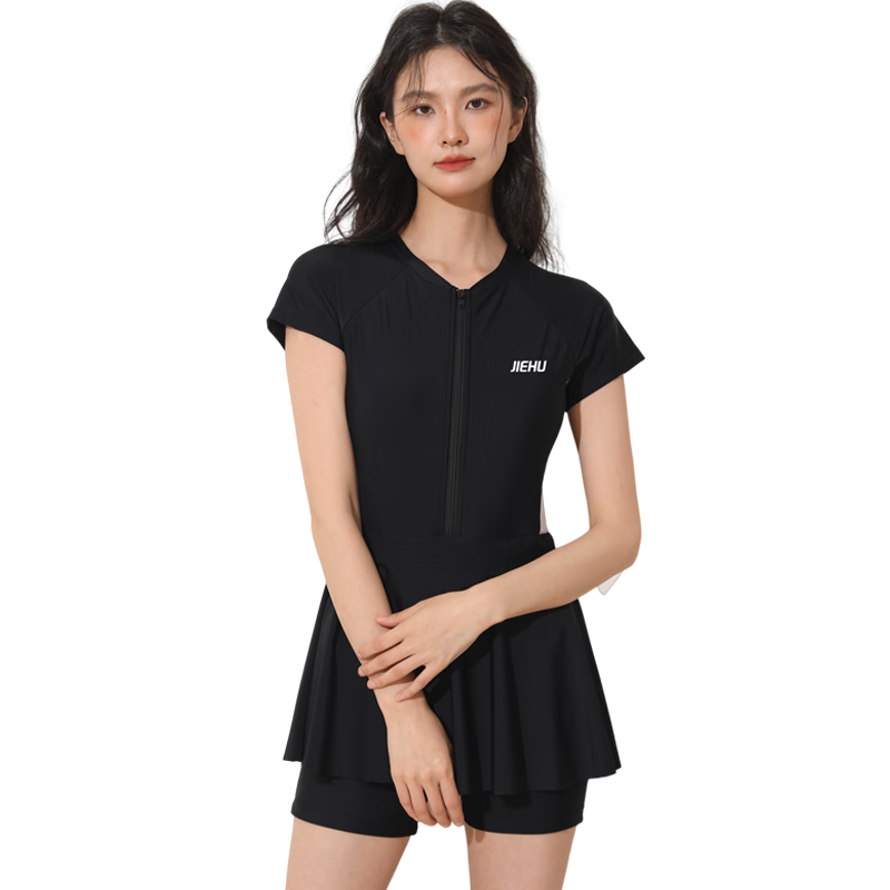 Jiehu One-Piece Swimsuit Dress for Women, Conservative Swimwear for Hot Springs And Swimming, Tummy Control Slimming Chlorine-Resistant Quick-Dry Swimsuit, Black And White, Size M