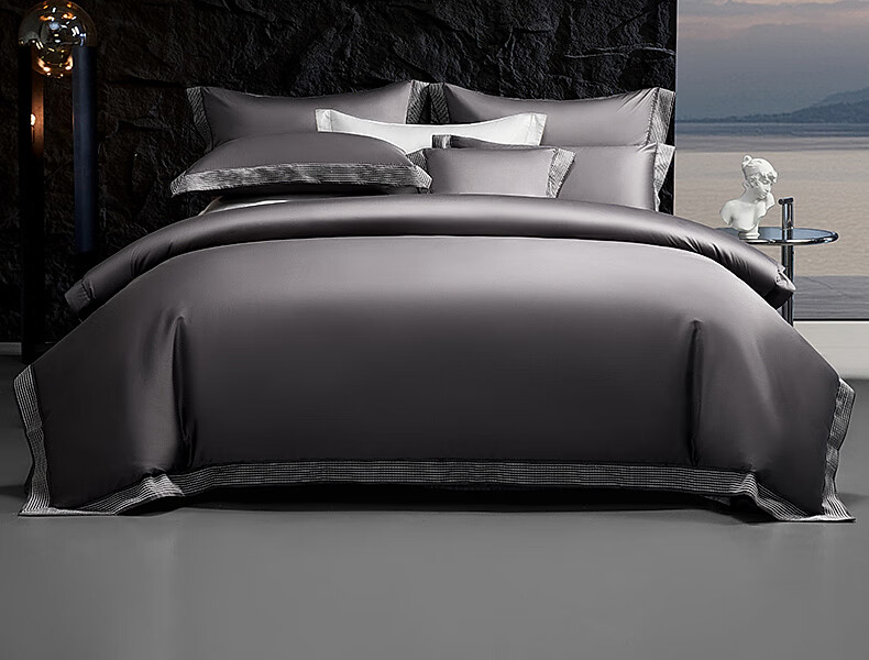 Shuixingjiafang Four-Piece Bedding Set, 100 Thread Count Pima Cotton, Pure Cotton 100% for Sleeping Naked, High-End Luxury Double Bed Set, 1.8m Bed, Gray 2