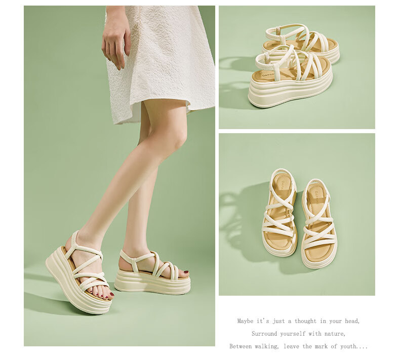 DAPHNE Casual Beach Sandals for Women, Fashionable Thick-Soled Platform Shoes, High-Heeled Soft-Bottom Versatile Slimming Women's Shoes, Beige, Size 37 8