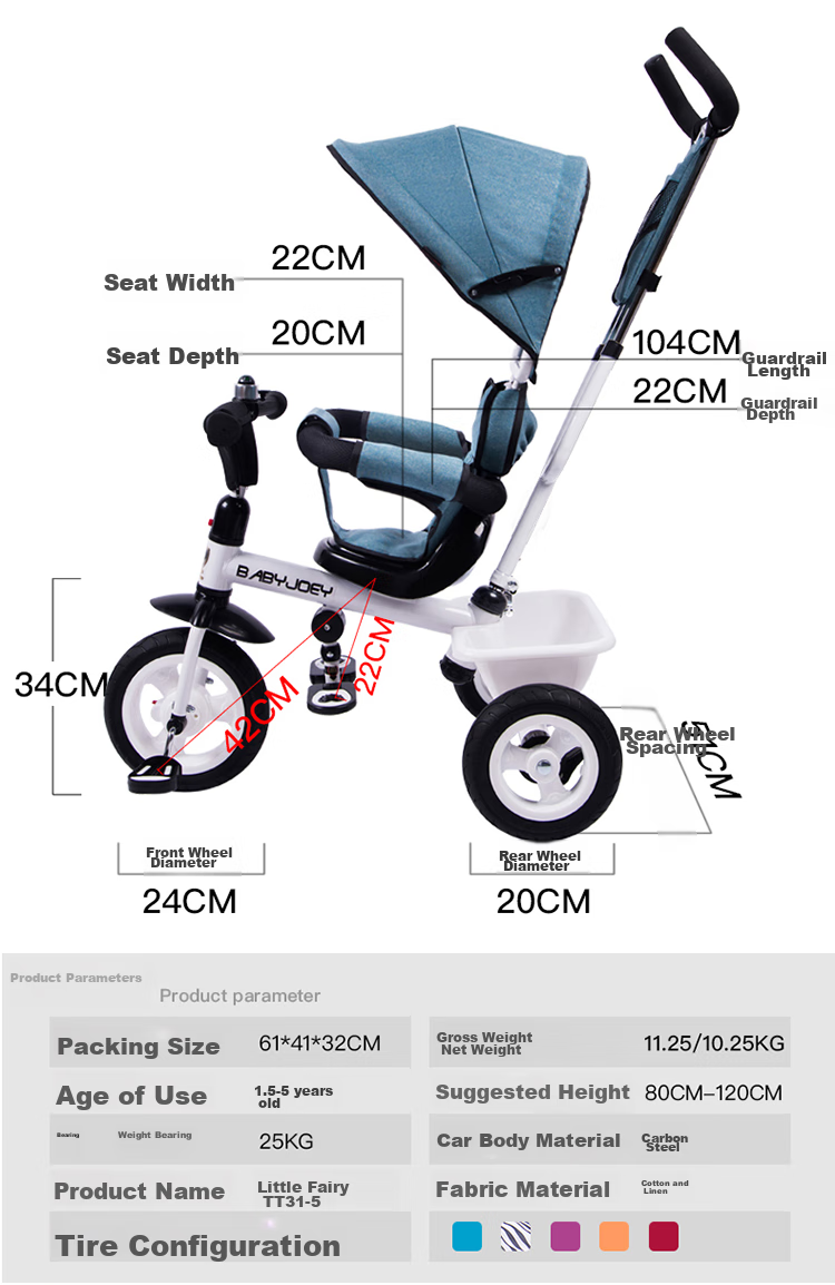 BABYJOEY Children's Tricycle Pedal Bike Stroller for Ages 1-3 Baby Bicycle Kids' Bike, Fairy Blue Baby Gift 10