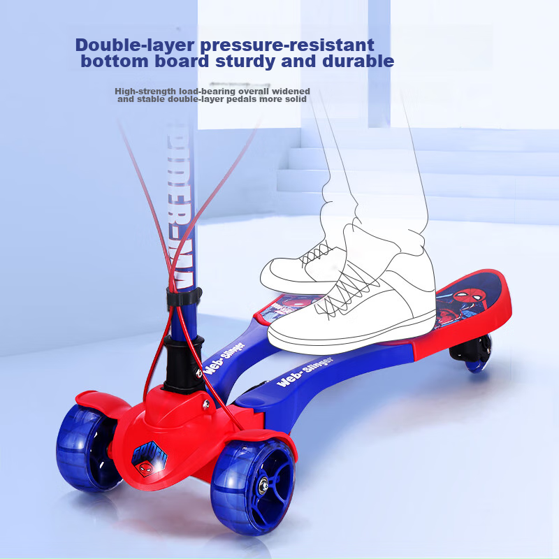 Disney Children's Frog Bike for Ages 6-14, Spider-Man Scooter with Adjustable Height And Foldable Design, Baby Four-Wheel Scooter