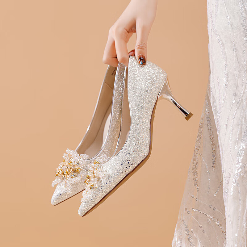 DAPHNE Minimalist Versatile Pointed High Heels Women's French Style Elegant Comfortable Bridal Wedding Shoes Silver Size 39