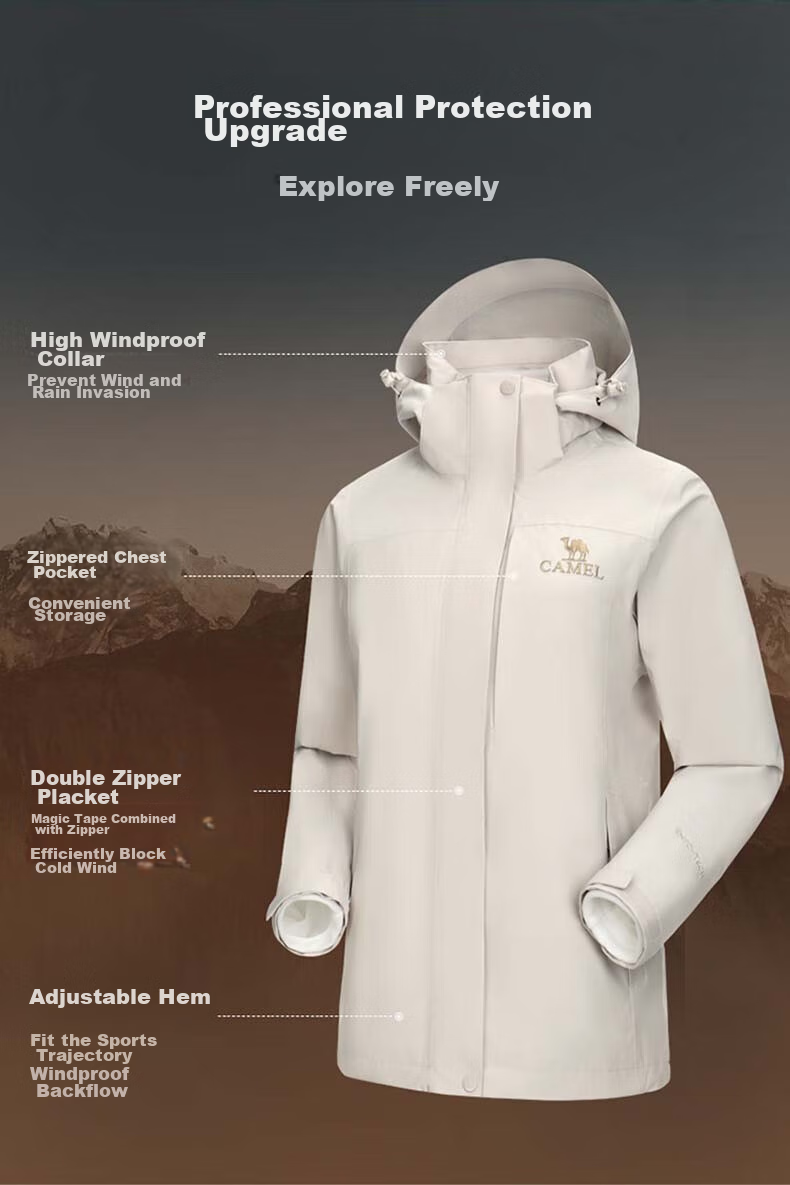 CAMEL Fleece-Lined Three-In Waterproof And Warm Mountaineering Jacket TR057, Wood Gray, Women's XXL 5