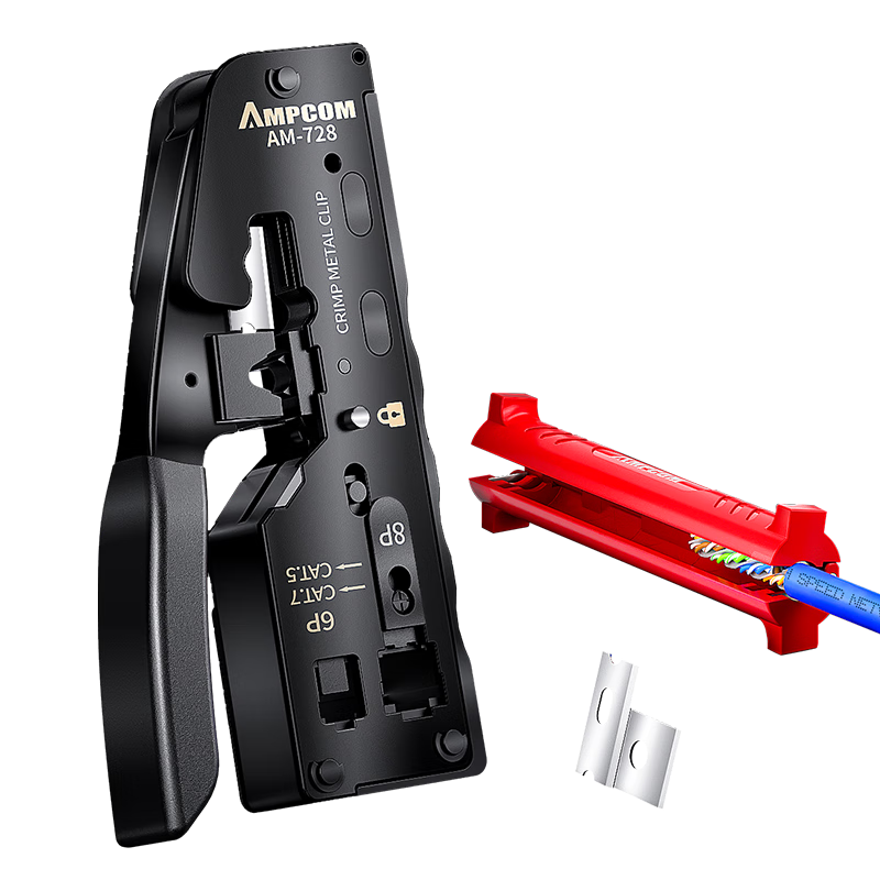 AMPCOM's Category 7 Cable Crimper, Through-Penetrating Swallow-Tail Clip, Cat 5e/6/7 Shielded RJ45 Connector Crimping Pliers, 4-In Wire Stripper/cutter/terminator AR728BK