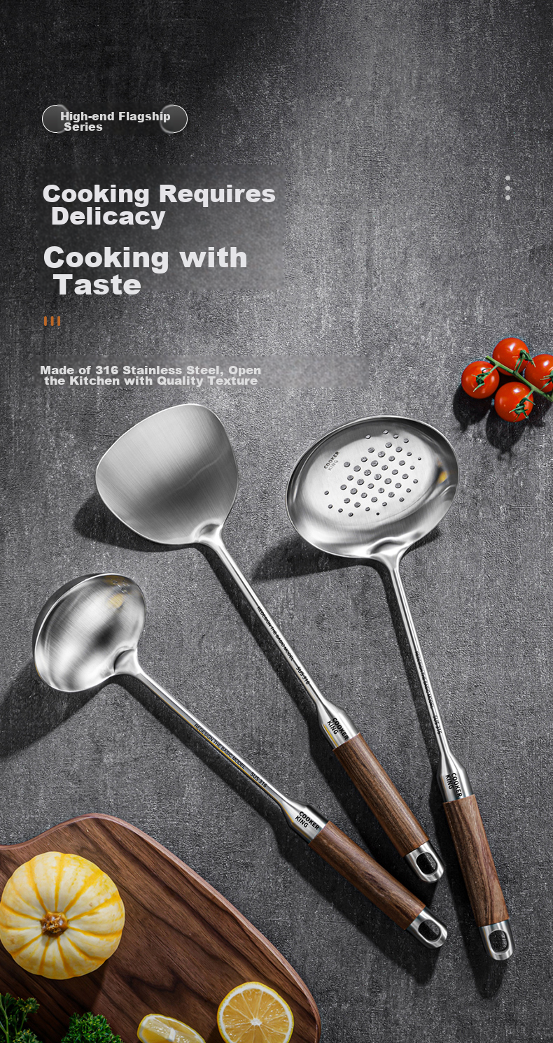 COOKER KING 316L Stainless Steel Kitchen Utensil Set: Spatula, Soup Ladle, And Strainer (Set of Three) with Rosewood Handles 1