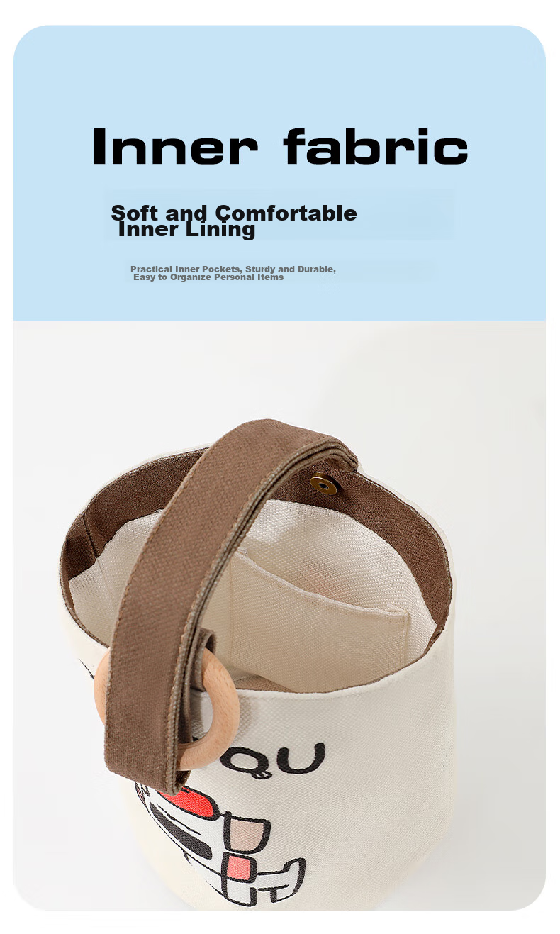 Siwangongli Canvas Bag, Wooden Handle Bucket Bag, College Student Handbag, Casual Niche Gift, Leisure Bag, Commuter Bag 6