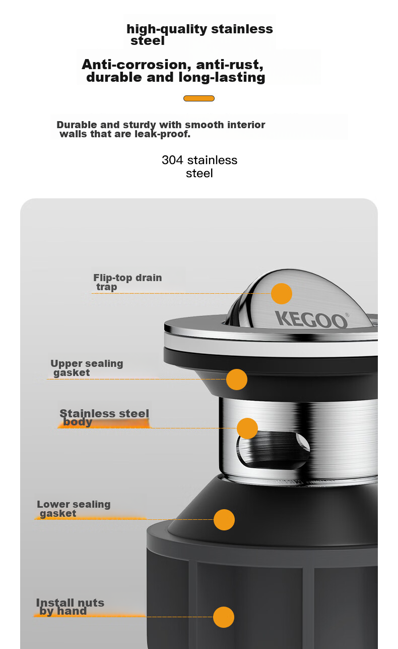 KEGOO Sink Drain Pipe, Washbasin Flip-Down Drain Kit, Horizontal Drainage System for Washbasins, Anti-Insect And Odor Prevention K5042 5