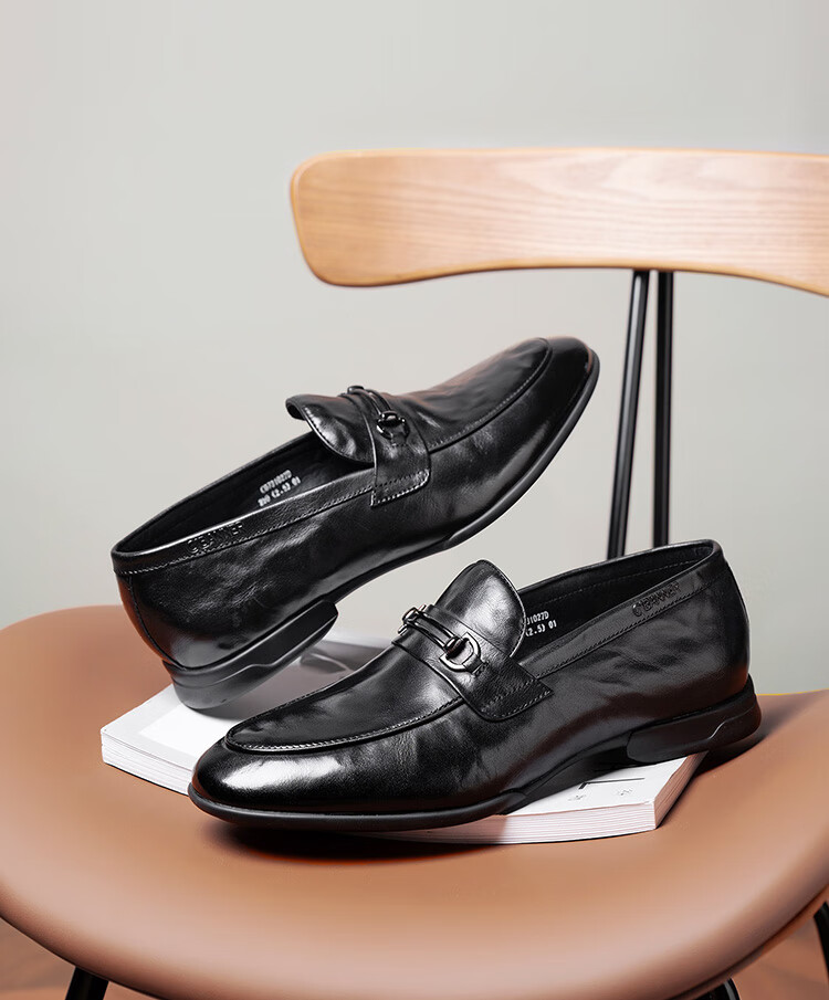 Qianbudu Genuine Leather Men's Shoes Spring Autumn First Layer Cowhide Slip-On Business Casual Loafers Black 42 6