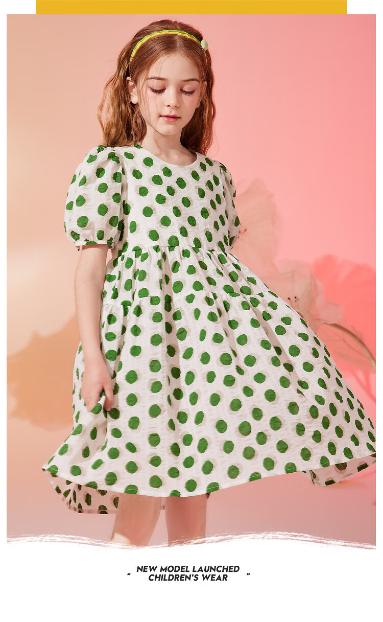ASK JUNIOR Girls' Dress, Summer 2024 Thin Style, for Older Children, Fashionable Polka Dot Print, Pure Cotton Princess Dress, Green, Size 160 8