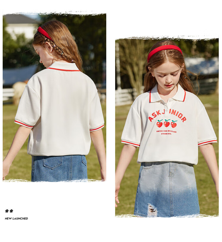 ASK JUNIOR Children's Clothing, Girls' T-Shirt, for Older Kids, Short-Sleeved Summer Wear, Sports Casual Breathable Polo Shirt, White, Size 120 9