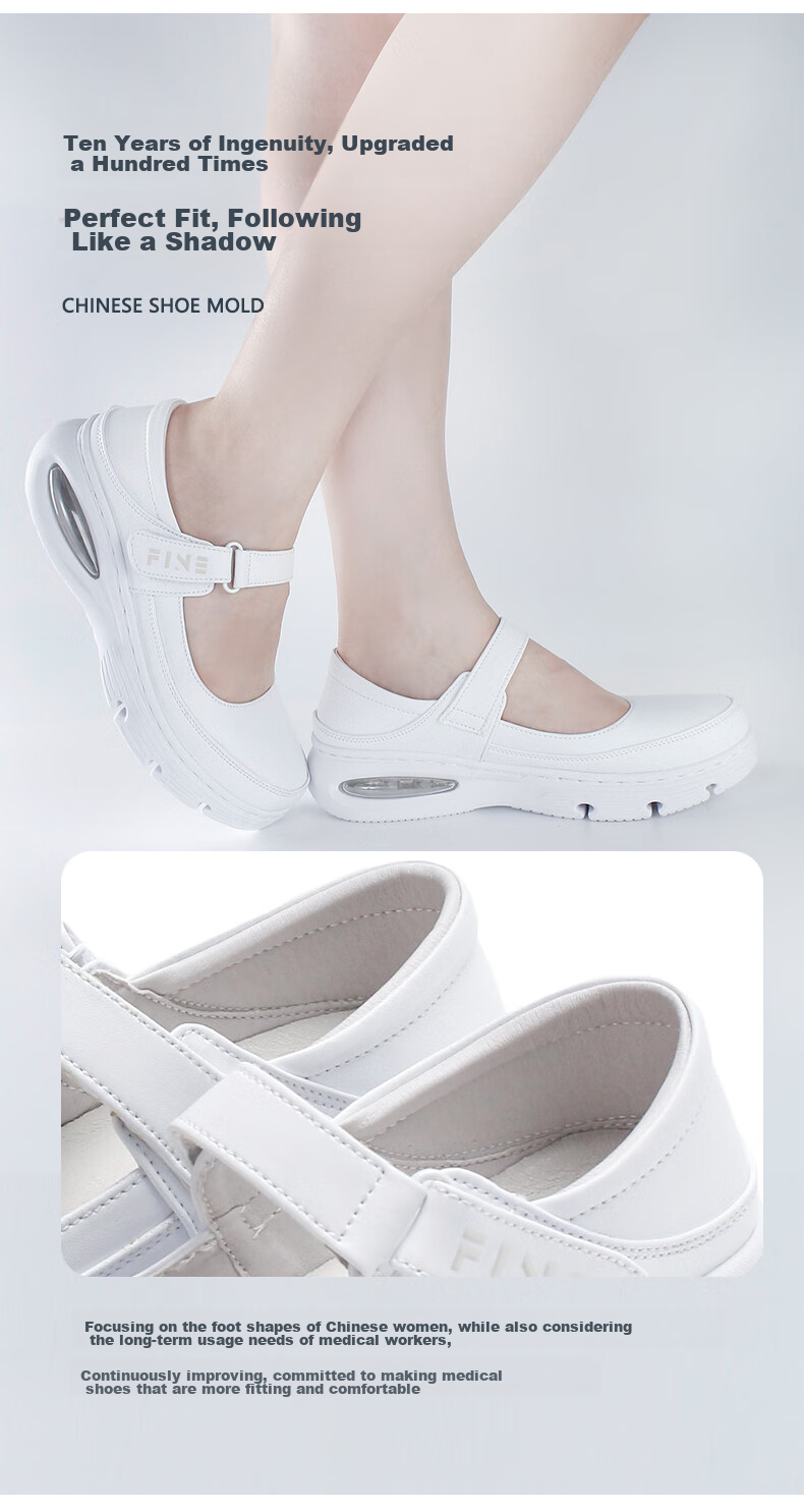 Feiying Air Cushion Nurse Shoes for Women, Spring And Summer Style, Genuine Leather, Glossy Surface, Velcro Medical Work Shoes 2-2013 White 40 4