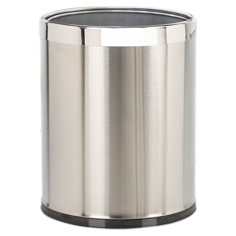 AKBK Stainless Steel Metal Trash Can 15L Large Round Single-Layer Garbage Bin for Living Room, Kitchen, Bathroom, Luxury Hotel, Office