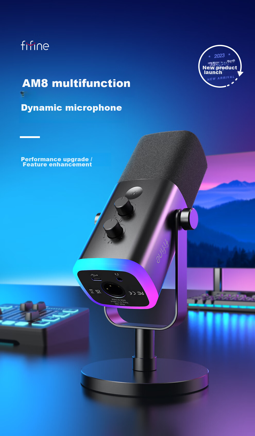 FIFINE Dynamic Noise-Cancelling USB Computer Microphone for Desktop Streamers, Live Streaming, Gaming, Recording, Karaoke, Video Use, with External Sound Card Support, Desktop RGB Microphone, Wired Microphone AM8 Black 1