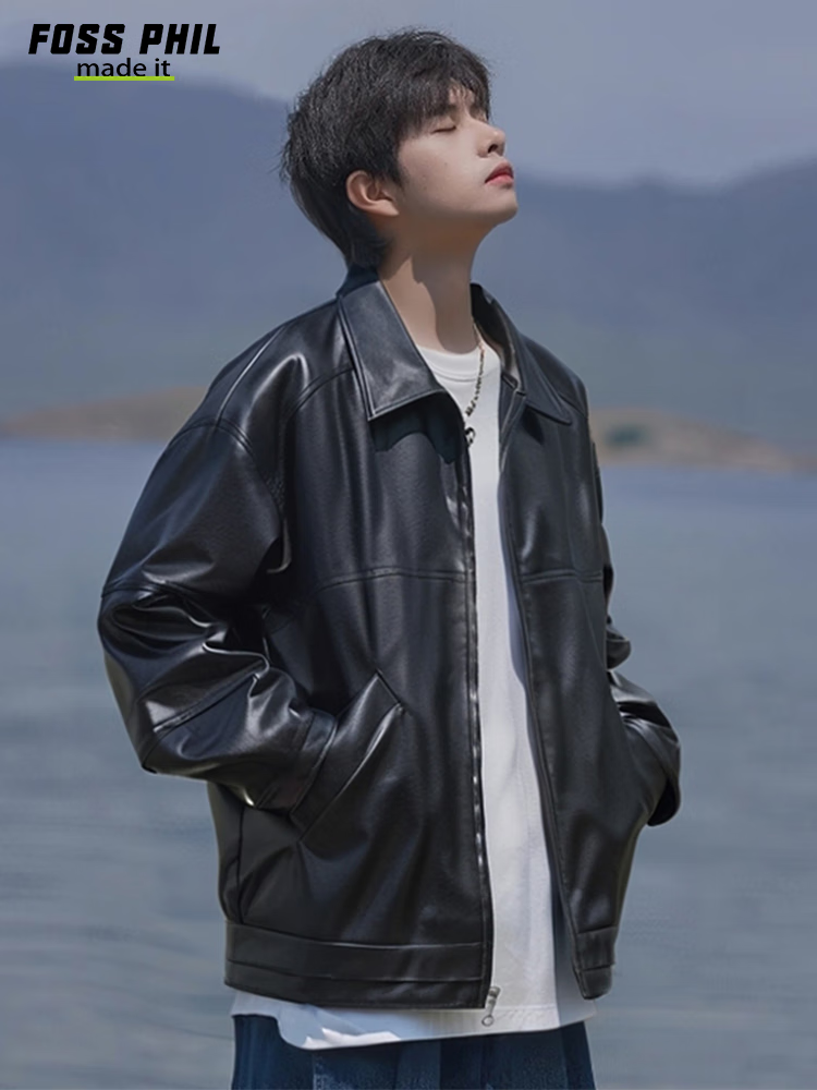 Foss Phil Men's Leather Jacket, Spring And Autumn Fashion Motorcycle Style, Korean Version Loose Casual Leather Coat, 6266 Black 3XL 4