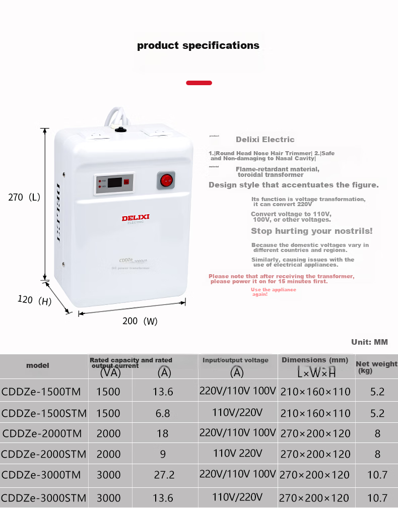 DELIXI ELECTRIC Transformer Voltage Converter, Domestic Appliances for Overseas Use, CDDZ-1500W, 110V to 220V 9