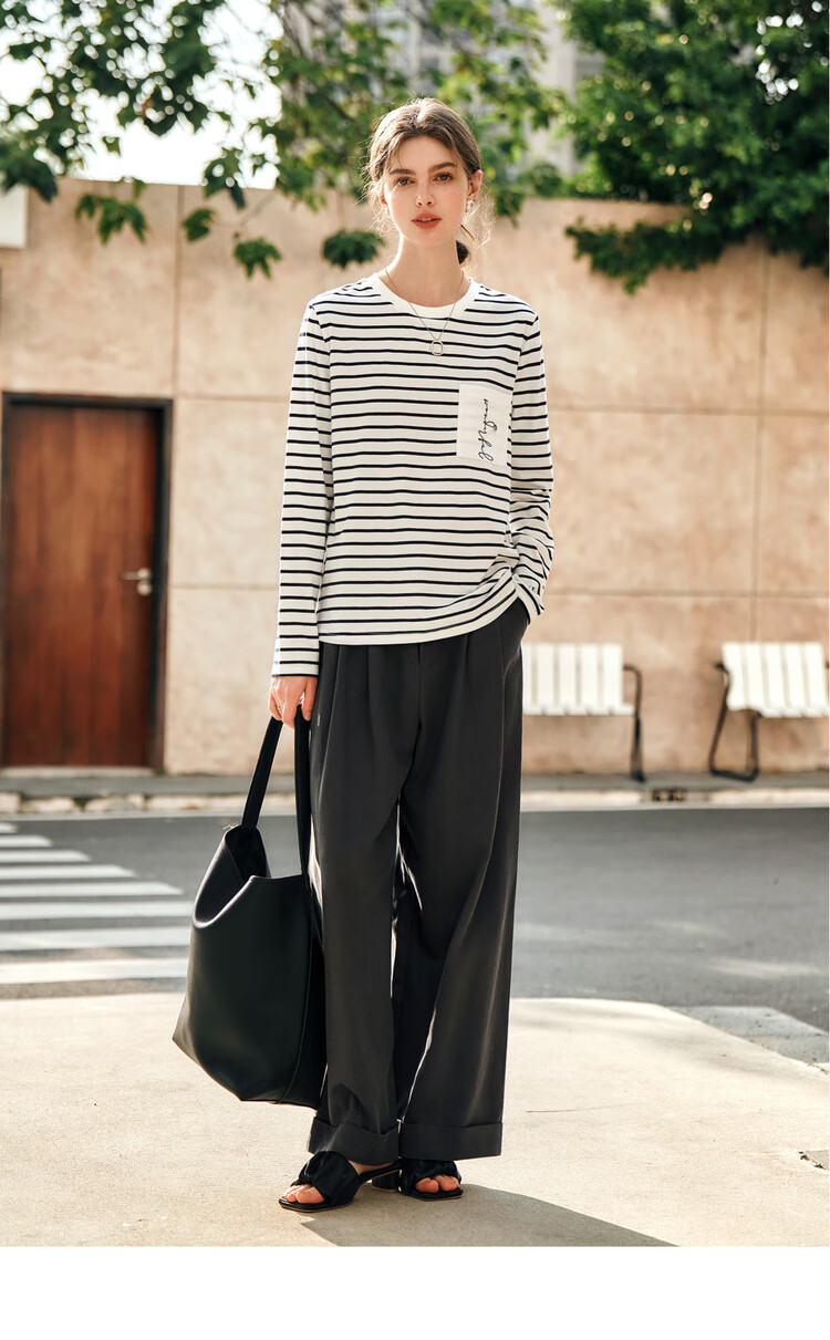 Olrain Women's Striped Long Sleeve T-Shirt Spring Design Pocket Embroidery Top Striped (Upgraded) M 12
