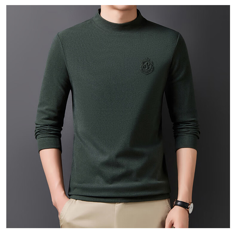 ROMON Men's Spring and Autumn Business Crew Neck Long Sleeve T-Shirt Quality Casual Base Shirt Jacket Men's 113 Green M 21
