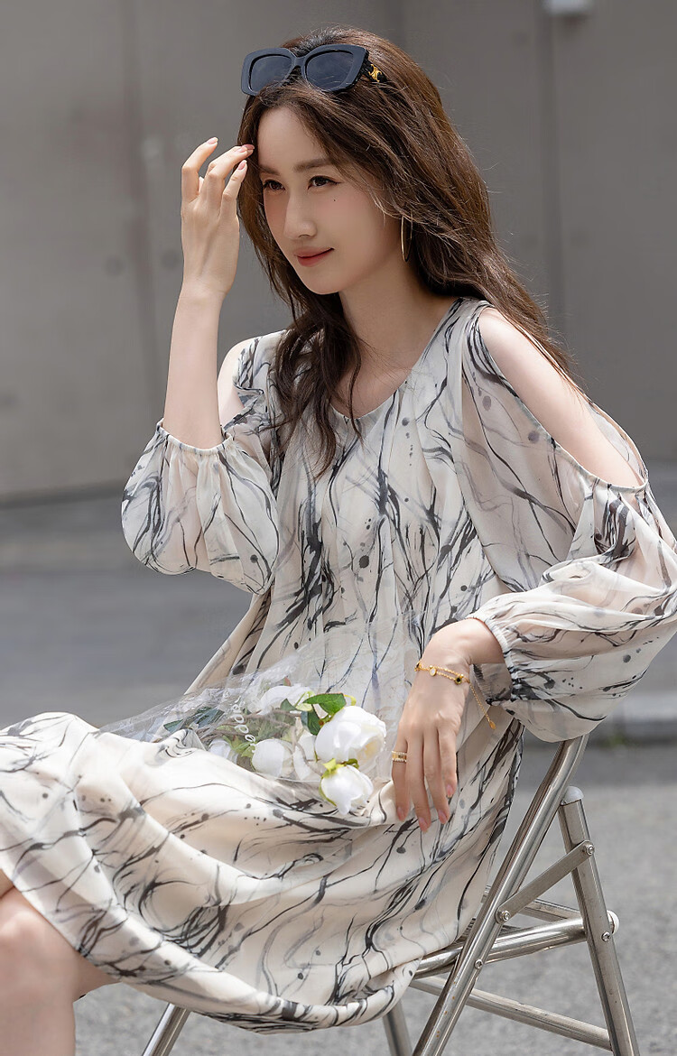 Dme [In Water One Side] Summer Chinese Style New Chinese Elegant Ink Wash Print Off-Shoulder Lightweight Concealing Women's Dress 14