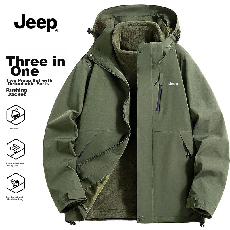 JEEP Windproof Jacket for Men And Women, Three-In Two-Piece Set, Warm And Windproof Fleece-Lined Coat, Army Green, 4XL