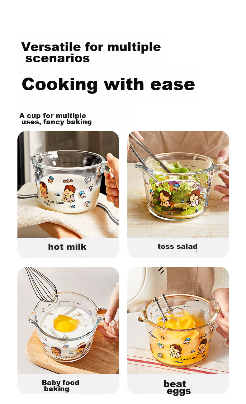LOCK&LOCK Baby Food Cup, Breakfast Cup, Baby Measuring Cup with Scale, Heatable Milk Cup, High-Temperature Resistant Glass Steamed Egg Bowl 10