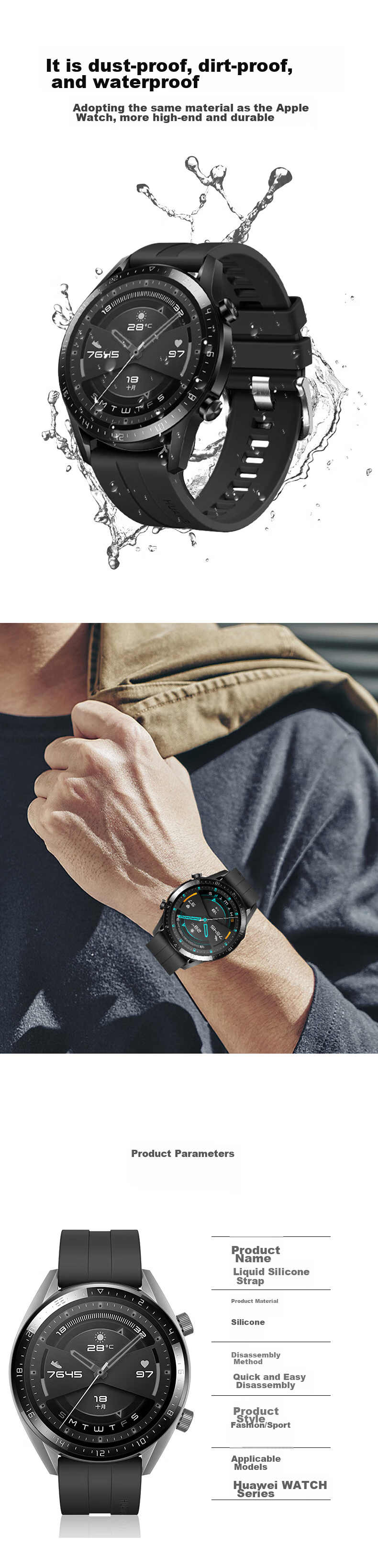 MAIKUQI Compatible with Huawei Watch Straps for GT1/GT2/GT3/Pro/Honor Magic Smartwatches, Black Liquid Silicone, 46mm Dial Universal, 22mm Width 2