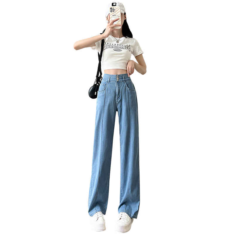 Langsha Fashion Mid-Rise Wide-Leg Summer Tencel Denim Pants for Women High Waist Slimming Loose Ice Silk Straight-Leg Trousers